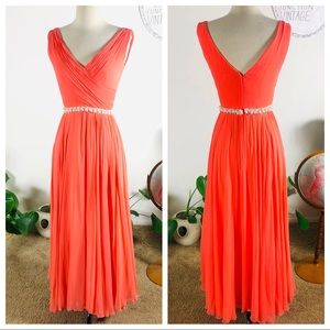 Vtg 60s Coral Chiffon Grecian Inspired Beaded Gown